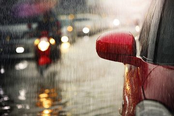 Flood after hard rain fall in the big city.Selective focus.