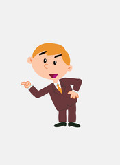 White businessman. Vector illustration isolated in a funny cartoon style. The character makes the OK gesture while pointing, smiling, at his side.