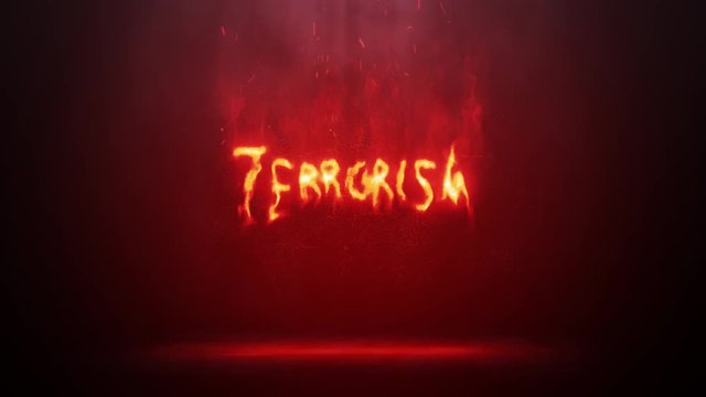 Terrorism sign burning with a bright flame on a dark background