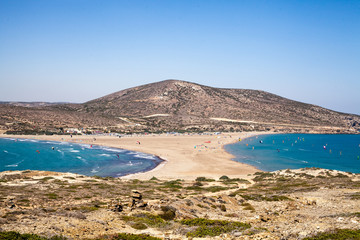 Beach between two seas. Beach between the islands of Rhodes and Prasonisi. Road across the sea....