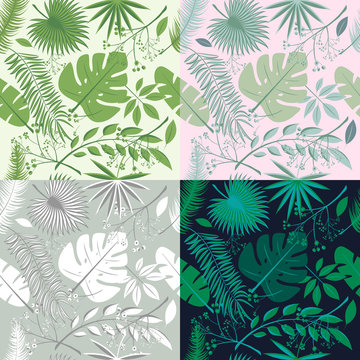 Tropical seamless patterns collection. Set of hawaiian plants, palm leaves. Good for wallpaper, invitation cards, textile print. Vector illustration. Botanical floral, trendy illustrations.