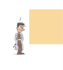 white male doctor showing something. The character is angry, sad, and grumpy. Vector illustration to isolated and funny cartoon character.
