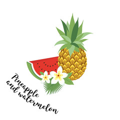 pineapple and watermelon - vector, illustration. Fruit set. Icons tropical fruits with leaves and flowers. Set of vector trendy illustrations isolated on white.