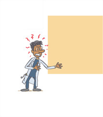 white male doctor showing something. The character is angry, sad, and grumpy. Vector illustration to isolated and funny cartoon character.