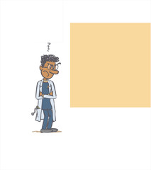 white male doctor showing something. The character is angry, sad, and grumpy. Vector illustration to isolated and funny cartoon character.