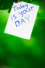 Motivating phrase today is your day. On a green background on a branch is a white paper with a motivating phrase.