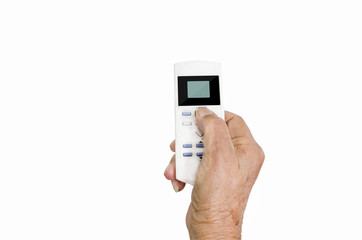 Hand holding remote control on white background