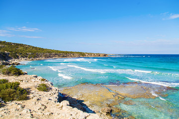 Fototapeta na wymiar A view of a Blue Lagoon near Polis city, Akamas Peninsula National Park, Cyprus.