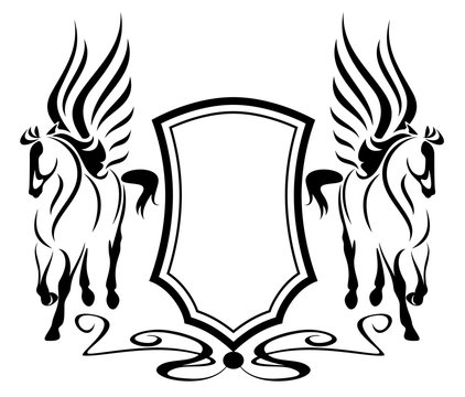 pegasus with heraldic shield - winged horses vector design