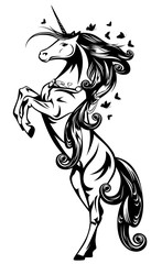 beautiful magic unicorn with long mane and butterflies flying around - black and white vector design