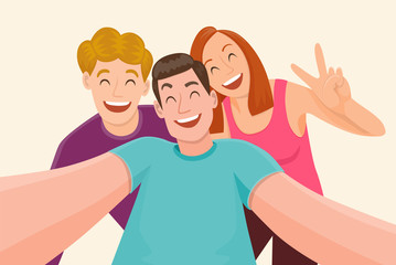 Group of three friends taking a selfie and laughing. Friendship and youth concept. Vector illustration.