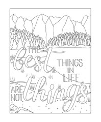 Coloring book page with mountain and lake scenery