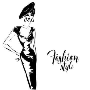 Black and white retro fashion model silhouette sketch style. Hand drawn vector illustration