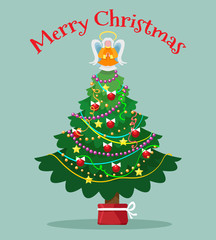 Christmas tree with topper fairy card. Xmas trees light angel vector illustration