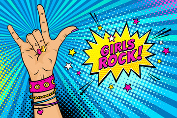 Pop art background with female hand with rock n roll sign and Girls Rock speech bubble with stars. Vector colorful hand drawn illustration in retro comic style. - 162226219