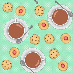 
Seamless vector pattern with tea cups and cookies