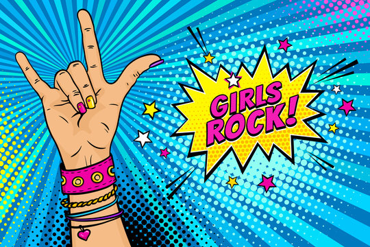 Pop art background with female hand with rock n roll sign and Girls Rock speech bubble with stars. Vector colorful hand drawn illustration in retro comic style.