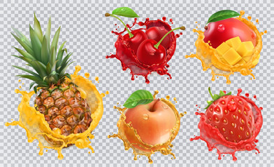 Pineapple, strawberry, apple, cherry, mango juice. Fresh fruits and splashes, 3d vector icon set - obrazy, fototapety, plakaty