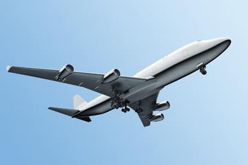 Fototapeta na wymiar flying plane isolated on blue background