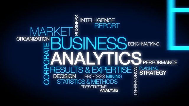Business analytics words tag cloud market intelligence analysis expertise big data results statistics decision wite text blue background animation