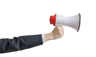 Hand is holding megaphone. Isolated on white background.