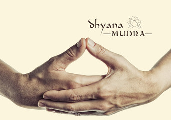 Dhyana mudra. Yogic hand gesture. Isolated on toned background. - obrazy, fototapety, plakaty