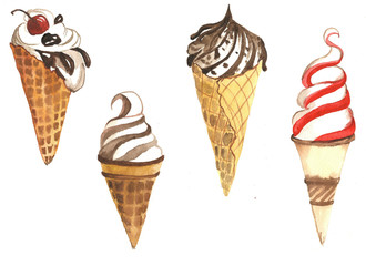 Watercolor illustration, ice cream in cups Set of ice cream cones.