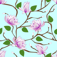 Panele Szklane  Kwiat magnolii wzór na niebieskim tle.
