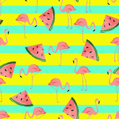 Pink flamingo with sweet watermelon seamless pattern.