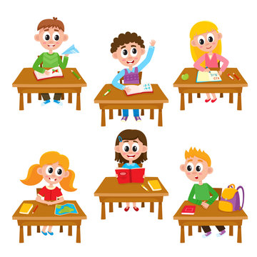 Elementary school kids in classroom - reading, writing, raising hand, studying, cartoon illustration isolated on white background. Kids in classroom, students of elementary, primary school
