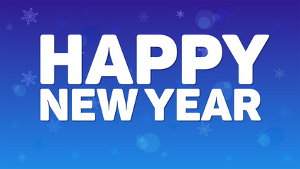 Happy New Year greeting horizontal poster on night sky backdrop. Fireworks, snowflakes and reflections of light on blue background. Paper design with small shadow. Greeting poster for your loved ones