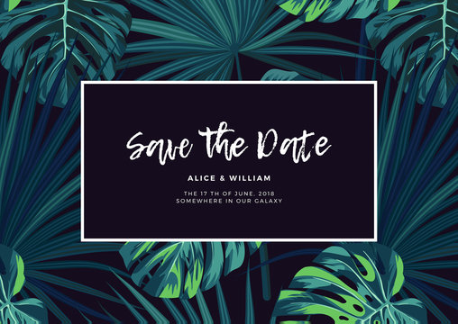 Dark tropical wedding design with jungle plants. Vector tropical background with green sabal palm and monstera leaves.