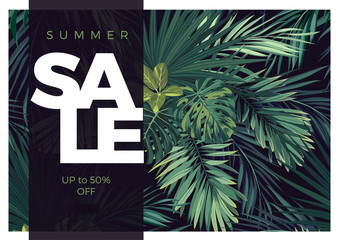 Naklejka premium Dark vector tropical typography sale design with green jungle palm leaves.