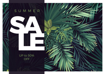 Obraz premium Dark vector tropical typography sale design with green jungle palm leaves.