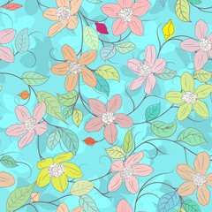 Floral element on blue seamless background.