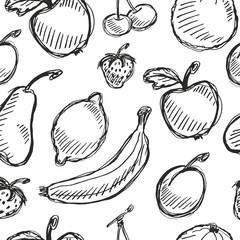 Seamless fruit hand drawn pattern with apple, cherry, lemon, banana, strawberry, plum, pear, peach,...