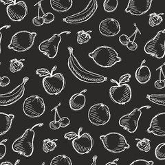 Seamless fruit hand drawn pattern with apple, cherry, lemon, banana, strawberry, plum, pear, peach, orange. Vintage boho background texture. Good for menu and food package