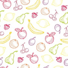 Seamless fruit hand drawn pattern with apple, cherry, lemon, banana, strawberry, plum, pear, peach, orange. Vintage boho background texture. Good for menu and food package