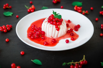 Panna cotta with fruit syrup in white plate on a dark table and currant berries. Traditional italian dessert.
