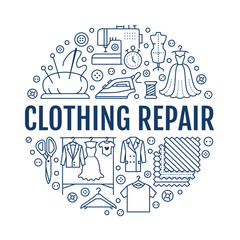 Clothing repair, alterations studio equipment banner illustration. Vector line icon of tailor store services - dressmaking, dress, garment sewing. Clothes atelier circle template with place for text.