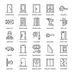 Doors installation, repair line icons. Various door types, handle, latch, lock, hinges. Interior design thin linear signs for house decor shop, handyman service.