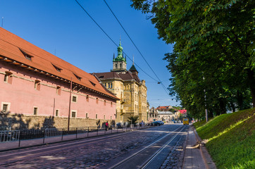 Cityscape background of old part of Lviv city in Ukraine