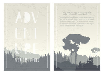 Set of nature landscape backgrounds with mountains, trees and handwritten phrase - Adventure never ends. Vector templates for brochures, flyers, covers, posters, cards and invitations. Outdoor design.