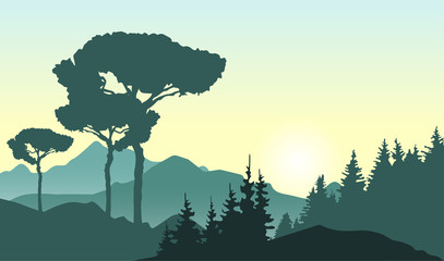 Green landscape with beautiful sunrise, mountains and trees. Nature background. Vector illustration.