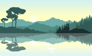Fototapeta premium Piękny wschód słońca w górach. Zielony krajobraz odbijający się nad jeziorem. Tło natura. Ilustracji wektorowych.