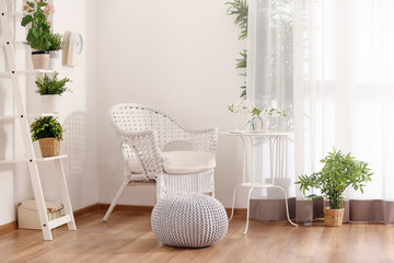 Beautiful modern veranda with cozy furniture and house plants - obrazy, fototapety, plakaty