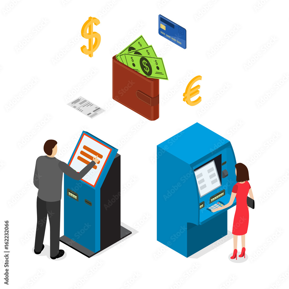 Poster banking terminal service set isometric view. vector