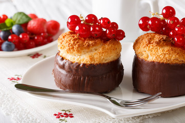 Tasty chocolate coconut muffins with red currant close-up. horizontal