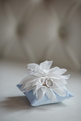 Little blue pillow with wedding rings