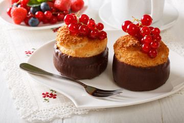 Beautiful chocolate coconut muffins with currant close-up. horizontal
